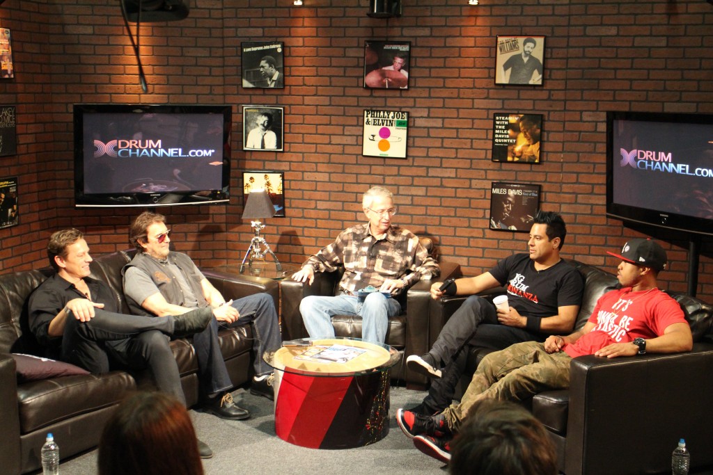 Roundtable discussion. From left: Thomas Lang, Jim Keltner, Don Lombardi, Rich Redmond and Tony Royster Jr.